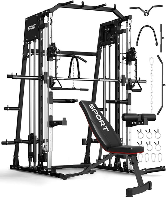 Smith Machines Home Gym with Bench, Squat Rack with Weight Bar, Dual LAT Pull-Down Systems & Cable Crossover Machine for Full-Body Workouts Training, Red & Black