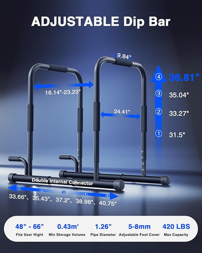 2026 Upgrade Adjustable 2-in-1 Dip Bar Station & Push Up Bars for Home Gym Calisthenics Equipment Parallel Bars with 420LB Stable Design, Functional Heavy Dip Stand,Black