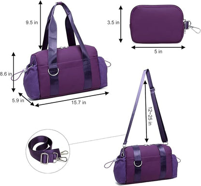 Everyday Mini Gym Bag for Women 2.0, Small Tote with Zipper Compartment Waterproof Travel Duffle Cute Handbag Workout Carry On with Removeable Shoulder Strap & Coin Wallet Easy to Clean - Grape