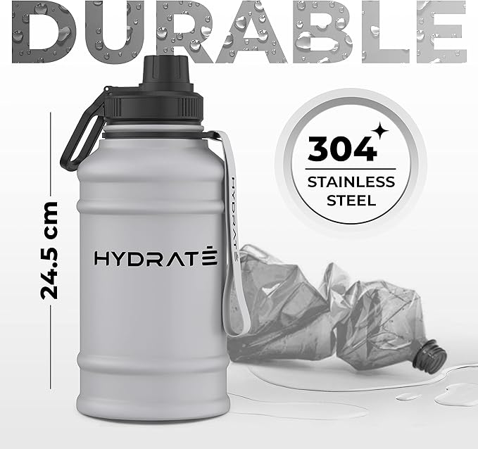 HYDRATE 43 Oz Stainless Steel Water Bottle - BPA Free Metal Water Bottle for Gym, Exercise - Water Jug with Convenient Nylon Carrying Strap and Leak-Proof Screw Cap Water Bottles for Men, Women, Adult