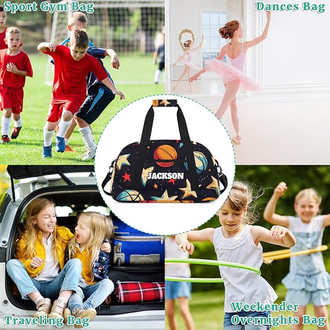 Personalized Basketball Gym Duffel Bags for Kids Boys with Custom Name Sport Training Travel Bags for Overnight Weekender, Black