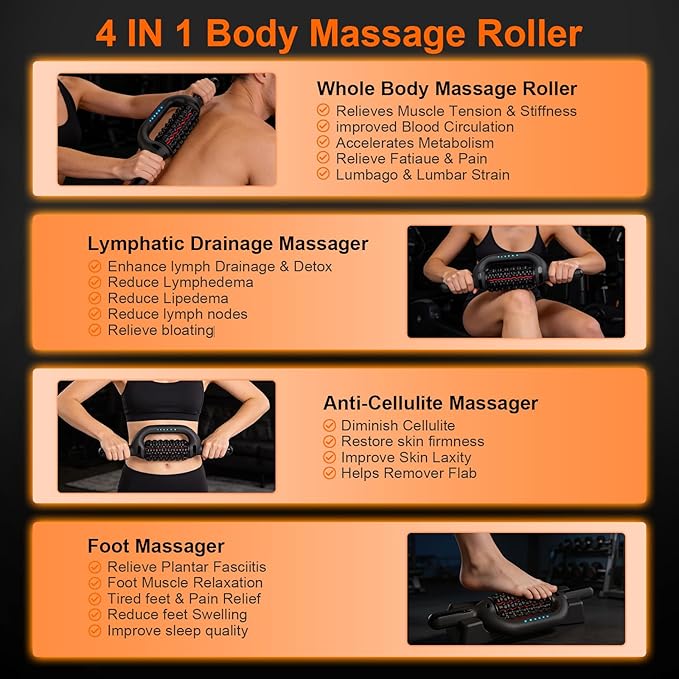 Electric Rolling Massager with Redlight, Lymphatic Drainage Massager for lymphedema & lipedema, Muscle recovery Stick and Back Massage Roller, 6-Speed Massage Roller Tool for Arm, Legs, Calf, Foot