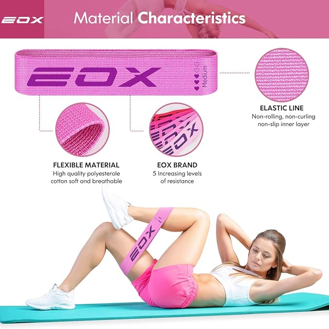 EOX Exercise Resistance Fabric Loop Bands, Non-Slip Resistance Workout Bands for Legs & Butt and Glutes, 5 Resistance Levels Hip Training Bands (Pink)
