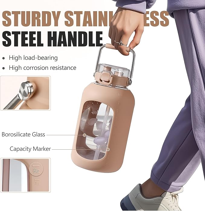 Large Glass Water Bottles with Stainless Steel Handle,100 oz Gallon Drinking Bottle with 2-in-1 Straw Lid,3 Liter Glass Water Jug with Silicone Sleeve,Wide Mouth,Amber