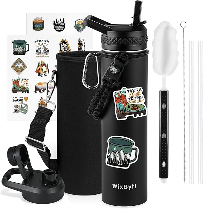 24 oz Insulated Water Bottle with Straw (Cold for 24 Hrs), Stainless Steel Triple Wall Vacuum Sports Water Jug, Leakproof Hydro Cup Flask with Paracord Handle & Straw Spout Lids & DIY Stickers