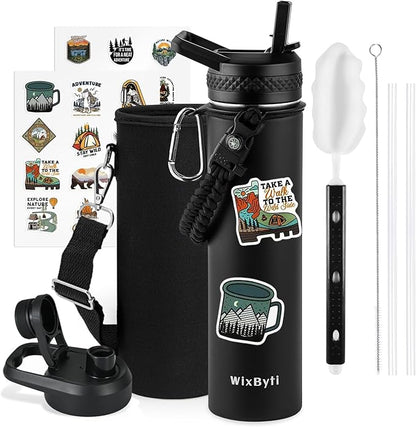 24 oz Insulated Water Bottle with Straw (Cold for 24 Hrs), Stainless Steel Triple Wall Vacuum Sports Water Jug, Leakproof Hydro Cup Flask with Paracord Handle & Straw Spout Lids & DIY Stickers