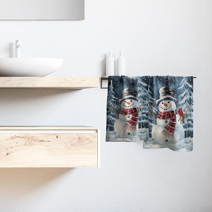 Winter Snowman Hand Bath Towel 2 Packs 28x14 inch Xmas Snow Snowflake Red Bird Decorative Kitchen Tea Dish Towels Seasonal Soft Absorbent Fingertip Towel for Home Bathroom Gym Spa