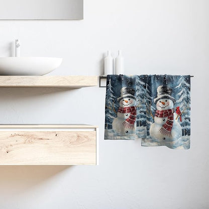 Winter Snowman Hand Bath Towel 2 Packs 28x14 inch Xmas Snow Snowflake Red Bird Decorative Kitchen Tea Dish Towels Seasonal Soft Absorbent Fingertip Towel for Home Bathroom Gym Spa