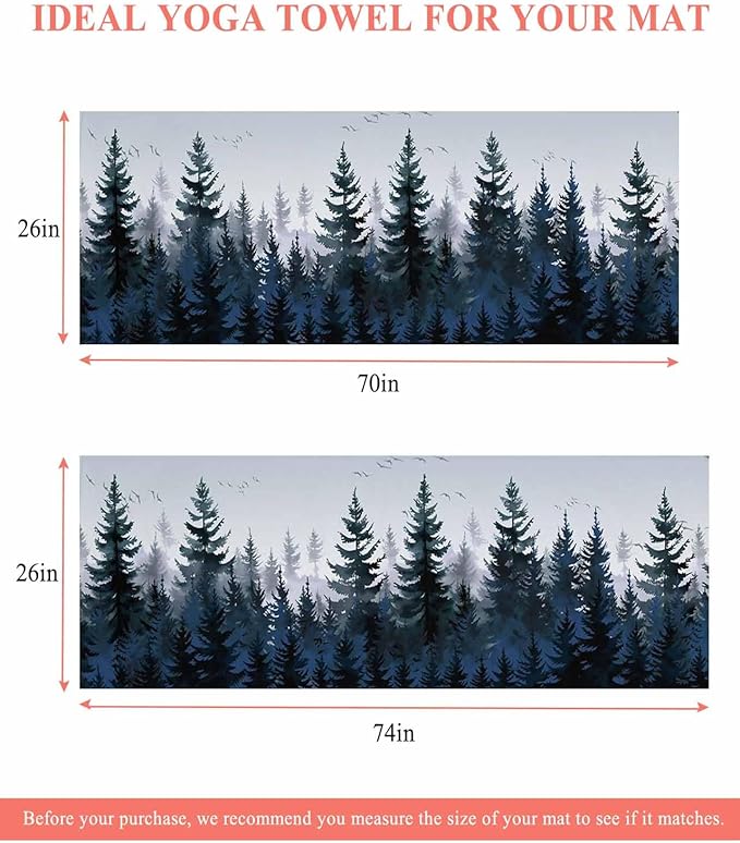 Forest Blue Trees Yoga Mat Towel with Corner Pockets for Hot Yoga Non Slip,Absorbent Yoga Blankets Microfiber Soft Gym Sweat Working Out Fitness Pilates Towels 74"x26" Watercolor Nature Bird