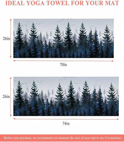 Forest Blue Trees Yoga Mat Towel with Corner Pockets for Hot Yoga Non Slip,Absorbent Yoga Blankets Microfiber Soft Gym Sweat Working Out Fitness Pilates Towels 70"x26" Watercolor Nature Bird