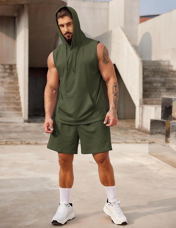 COOFANDY Mens Sleeveless Workout Hoodie Shorts Set 2 Piece Outfits Hooded Tank Tops Gym Tracksuit Sweatsuits