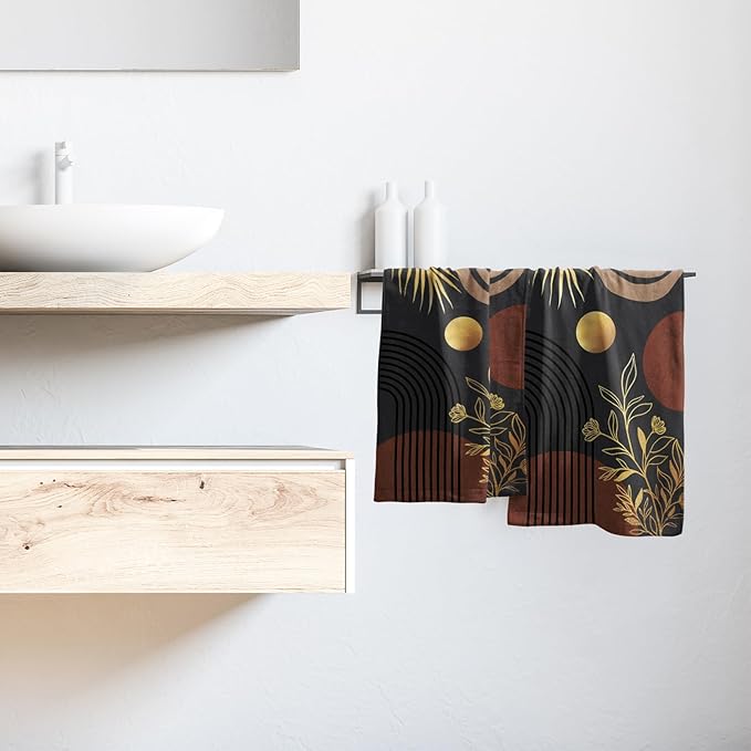 Black Boho Modern Kitchen Towels Set of 2 Abstract Mid Century Soft Absorbent Face Towels Retro Gold Leaves Tea Dish Towels Housewarming Gifts for New Home Bathroom Hotel 14"x28"