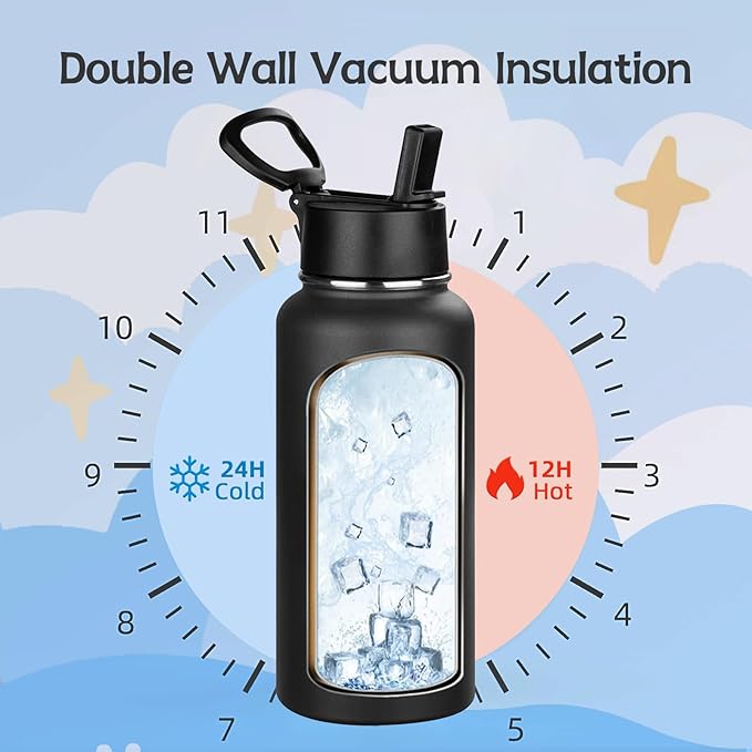 MEZMUT Insulated Water Bottle with Straw 32 oz Metal Water Bottle Leakproof Travel Stainless Steel Water Bottles Reusable Double Wall Gym Sports Cup Flask for Camping Hiking, Black