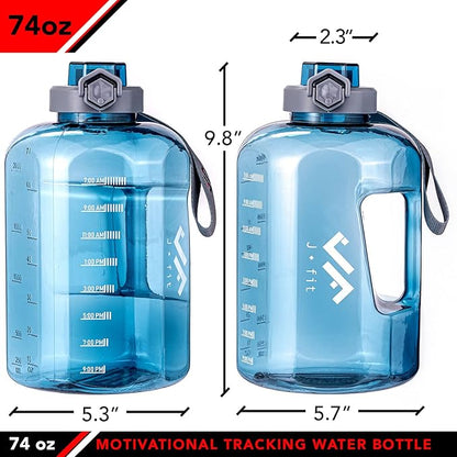 JFIT BPA Free Reusable Sports Water Bottle w/Time Markers, Leakproof Flip-Top Lid & Carry Strap – Durable PETG, 2.28" Wide-Mouth for Ice – Eco-Friendly, Odor-Free & Easy to Clean