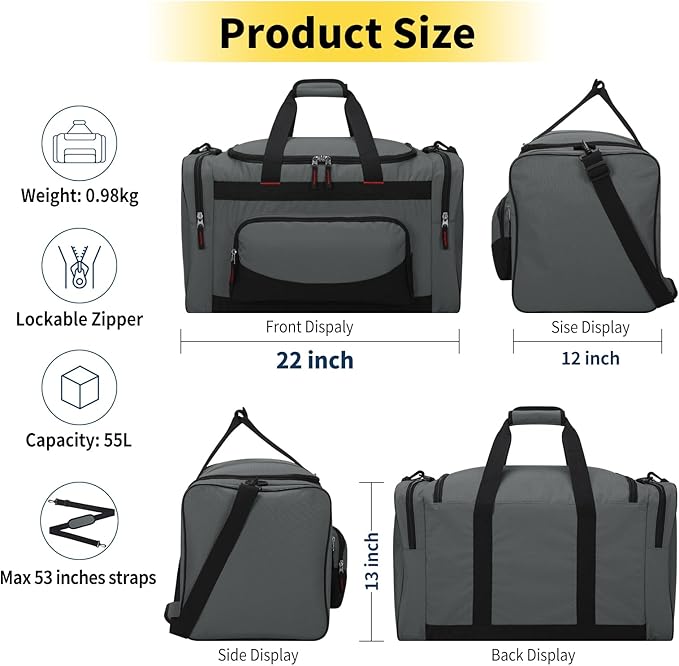 Gym Bag 22 inch Sport Duffle Bag for Men - 55L Weekender Duffel Bag for Travel 22“×12”×13“ - Dark Grey