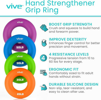 Vive Hand Strengthener Grip Ring - Forearm Ring Hand Exercisers - Silicone Squeezer Gripper for Muscle Strengthening Training Tool - Arthritis Finger Physical Therapy PT Kit Trainer