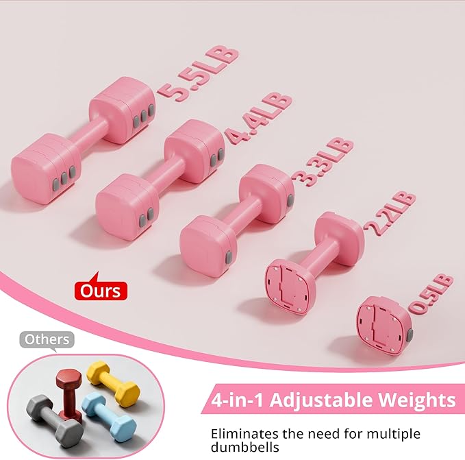 2-in-1 Adjustable Dumbbell Set for Women - 4 Levels (2.2lbs to 12.1lbs) - Home Gym Weights for Women at Home - Fitness Dumbbells