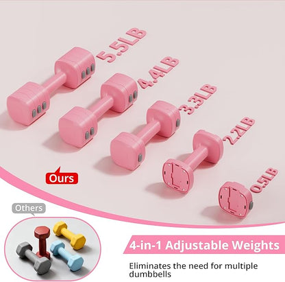 2-in-1 Adjustable Dumbbell Set for Women - 4 Levels (2.2lbs to 12.1lbs) - Home Gym Weights for Women at Home - Fitness Dumbbells