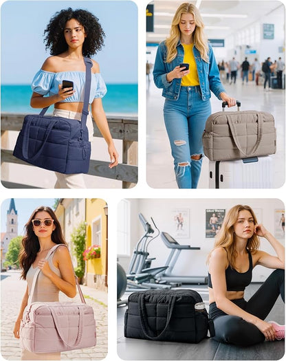 BAGSMART Gym Bag for Women, Lightweight Puffer Duffle Bag 2-PC Travel Bag, 31L Weekender Overnight Bag Quilted Carry On Tote Bag, Diaper Hospital Dance bag for Travel, Gym, Water Resistant, Beige