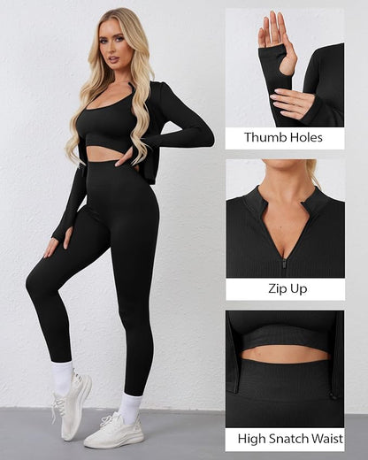 Women 3 Piece Seamless Workout Set Sports Bra High Waisted Gym Yoga Leggings Zip Up Jacket with Thumbhole Activewear
