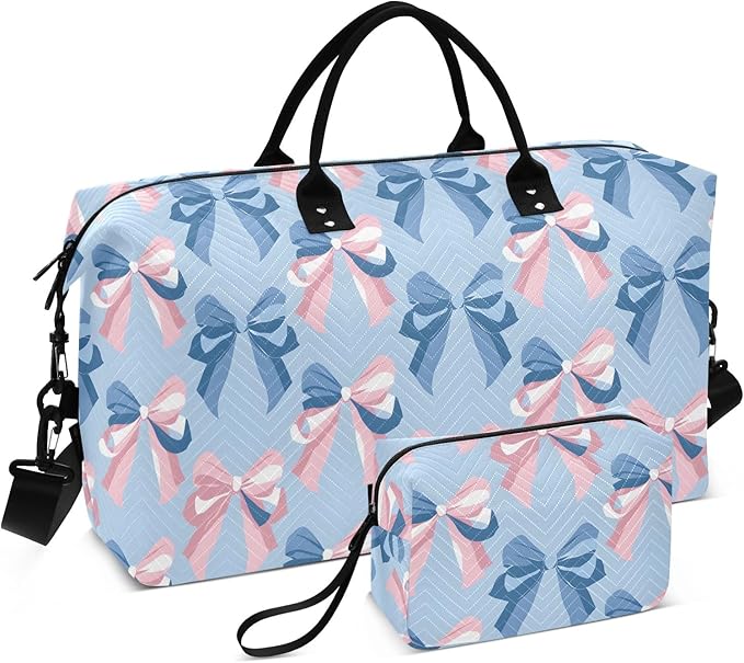 Weekender Bags Travel Duffel Gym Bag Carry on Overnight Tote Bag with Toiletry Bag for Airplane Travel Trip Gym Yoga (Ribbon Bow Sea)