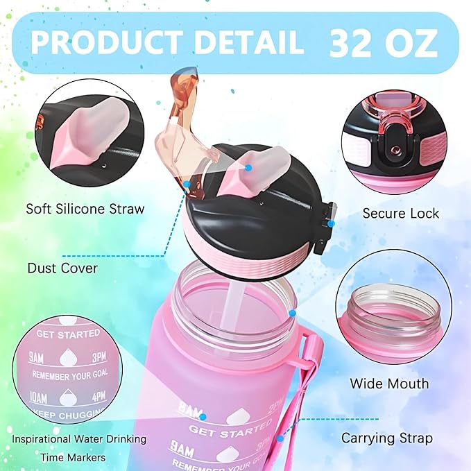 Cute Corgi Water Bottle 32 Oz – Leakproof BPA Free Sport Water Bottle with Straw & Carry Strap, Motivational Time Marker for Gym, Fitness, Outdoor, Travel, Office, Biking, Dog Lover