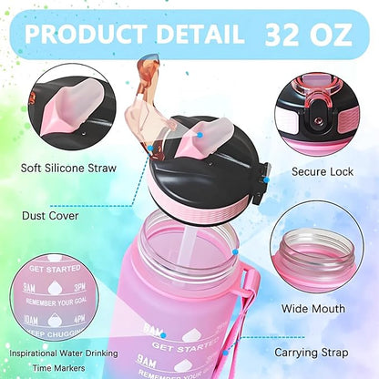 Cute Corgi Water Bottle 32 Oz – Leakproof BPA Free Sport Water Bottle with Straw & Carry Strap, Motivational Time Marker for Gym, Fitness, Outdoor, Travel, Office, Biking, Dog Lover