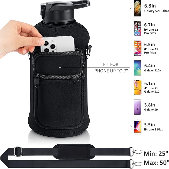 Fimibuke Half Gallon Water Bottle with Sleeve 64 OZ Water Bottle with Handle & Straw Leakproof Motivational Sports Gym Water Bottle with Time Marker BPA Free Water Jug with Reusable Neoprene Holder