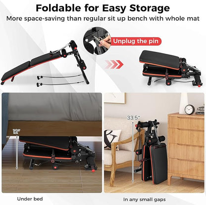 KOTEK Sit Up Bench, Foldable & Adjustable Ab Workout Equipment with 2 Elastic Ropes & Handle, 300 Lbs Weight Capacity, Decline Bench for Abs, Crunch, Strength Training Exercise for Home Gym