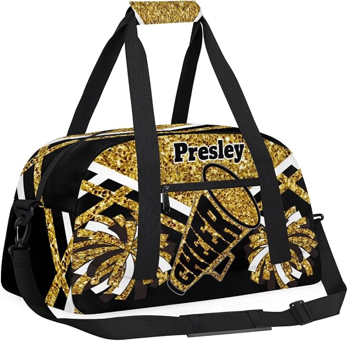 Custom Cheerleaders Dance Bag for Girls, Personalized Dance Ballet Bag for Teens Girls Waterproof Weekender Practice Travel Sports Duffel Gym Bag, Gold Sequins with Black