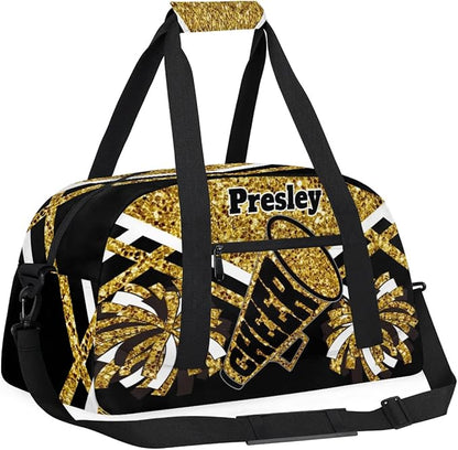 Custom Cheerleaders Dance Bag for Girls, Personalized Dance Ballet Bag for Teens Girls Waterproof Weekender Practice Travel Sports Duffel Gym Bag, Gold Sequins with Black