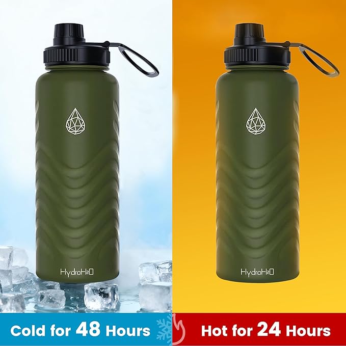 32oz Stainless Steel Insulated Water Bottle, 48H Ice Cold & 24H Hot, Leak-Proof Wide Mouth Lids (Straw & Spout), BPA-Free Bottles, Mens Water Bottle for Gym, Hiking, Travel - Green