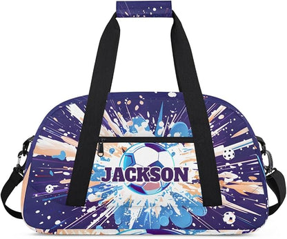 Personalized Soccer Gym Duffel Bags for Kids Boys with Custom Name Sport Training Travel Bags for Overnight Weekender, Purple
