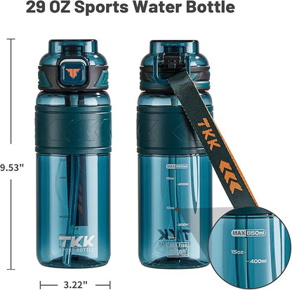 TKK Sports Water Bottles with Removable Straw 29 oz Leak-proof Flip Top Lid BPA Free Tritan Bottles with Strap for School, Fitness, Gym, Outdoor, Green