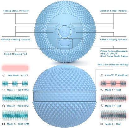Vibrating Massage Ball with Heat, 7 Modes, Memory, Myofascial Release, Deep Tissue Muscle Recovery Ball for Trigger Point Massage - Mobility Ball Back & Hip Flexor Release Tool (Blue)