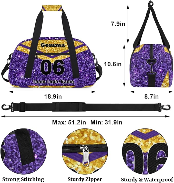 Personalized Cheerleaders' Bag with Team Number - Customized Travel Duffle Bag for Girls, Kids - Gold Purple Sequins Glitter