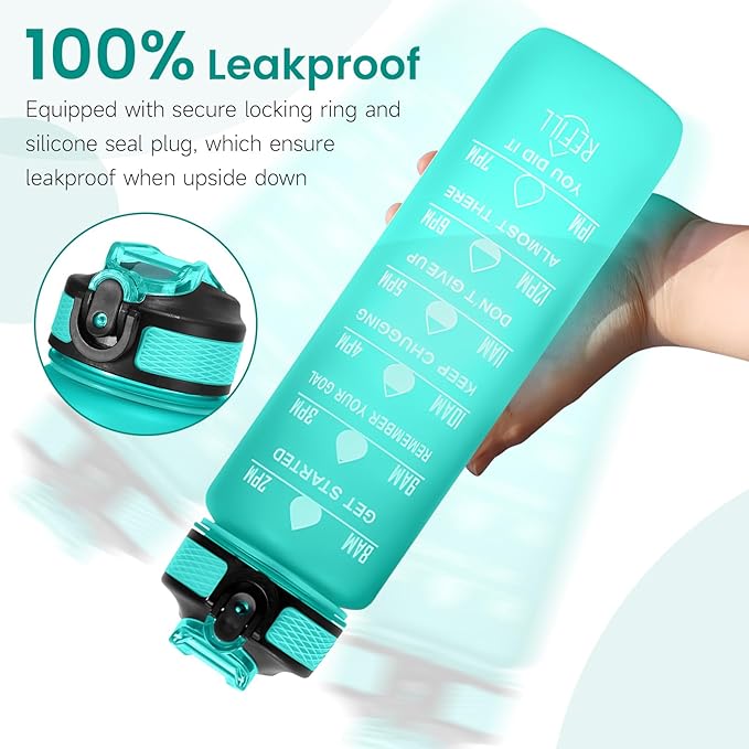 32 oz Motivational Water Bottle with Time Marker,Water Bottles with Times to Drink and Straw with Carrying Strap,Perfect For Fitness Gym Outdoor,BPA Free (Green)