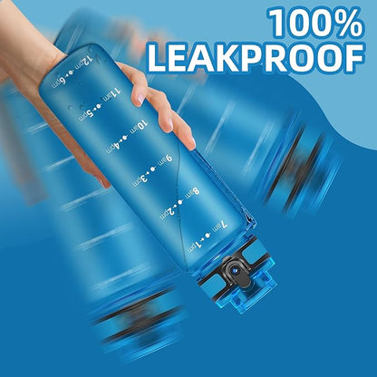 OLDLEY 32 oz Motivational Water Bottle with Time Marker, Sports Water Bottle With Strap, Leakproof & BPA Free Large Water Bottle for School, Gym, Travel, Outdoor, Tritan, Blue
