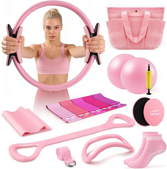 16PCS Pilates Kit for Home Workouts, Essential Equipment Set with 12'' Ring & 9” Ball, 5 Resistance Bands - Pilates Starter Kit for Women, Full Body Toning & Strength