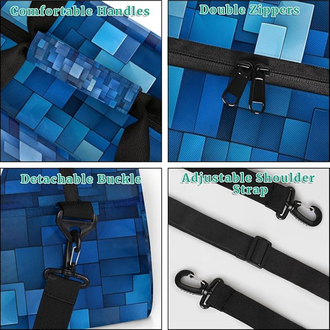 Custom Sports Gym Bags for Boys, Overnight Duffel Bags Workout Training Personalized Sport Gym Bag Travel Practice Gymnastics Duffel Bag, I Love Football Blue Geometric Pattern