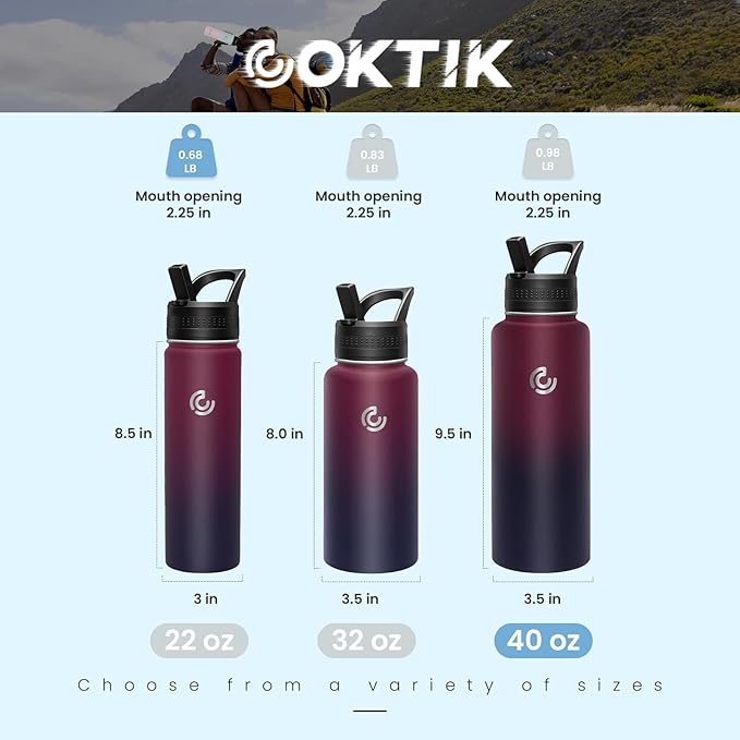 COKTIK 40oz Sports Water Bottle, Stainless Steel Water Bottle for Insulated, Reusable Travel Bottle, With Straw, With Handle Grip for Easy Carrying, Suitable for Cycling, Outdoor Vacations(Midnight)