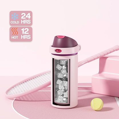 POWCAN 18 oz Stainless Steel Water Bottle: 2-in-1 Push-Button Spout & Quick-Flip Straw, Leakproof, Cold 24 Hrs, Fits Car Cup Holder, Insulated Bottle for Gym, School, Travel, Outdoor Gift (Plum Field)