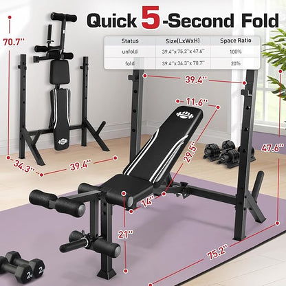 Adjustable Weight Bench Press Set 900LBS with 72''W Squat Rack & Leg Extension/Curl Foldable Workout Bench for Full Body Fitness Flat/Incline/Decline Upgrade Weight Benches for Home Gym