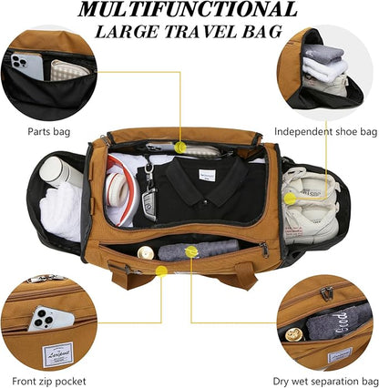 Laripwit Gym Bags for Men, 40L Medium Sports Travel Duffel Bag with Shoe Compartment & Wet Pocket Lightweight Gym Duffle Bag Backpack Multipurpose Weekender Overnight Backpack for Women, Brown