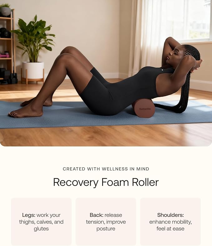 BetterMe Foam Roller for Muscle Recovery – High Density Exercise Roller for Back &Legs – Deep Tissue Massage Roller for Tension, Relief & Stretching (Black)