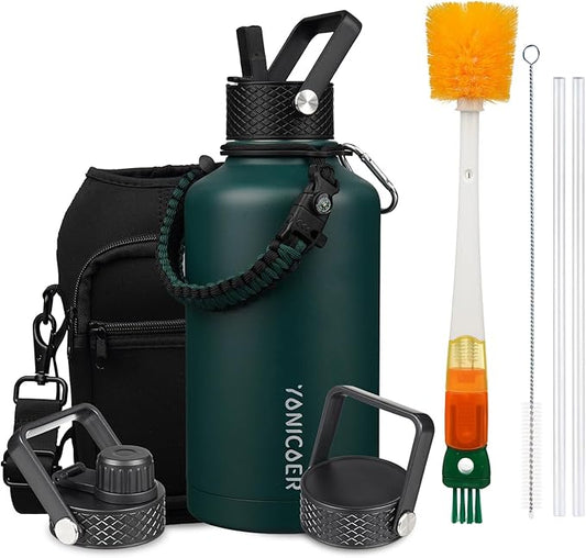 Insulated Water Bottle 64oz,Triple Wall Vacuum Stainless Steel(Dishwasher Safe),Leak Proof & Non-BPA,Flask Jug with Paracord Handle & Straw Spout Lids Sports Green