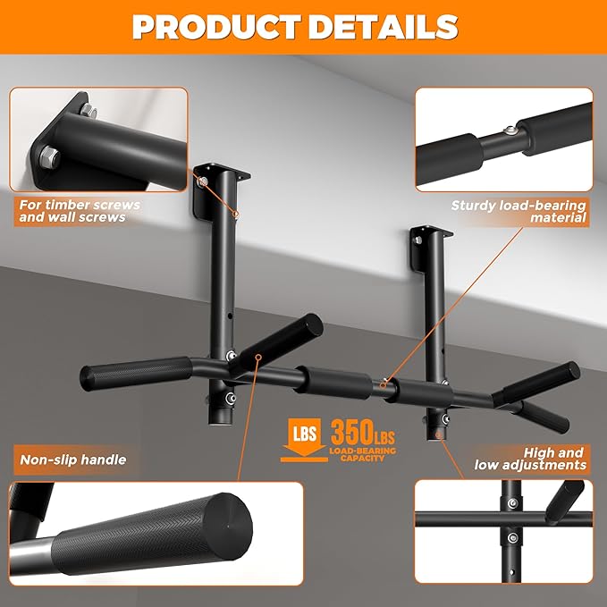 Joist Mounted Pull Up Bar, 3 in 1 Chin Up Bar Ceiling Mount Adjustable Height, 42" Wide Bar for Home Gym Cross Training Strength Building, Up to 350LBS