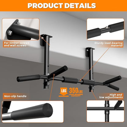 Joist Mounted Pull Up Bar, 3 in 1 Chin Up Bar Ceiling Mount Adjustable Height, 42" Wide Bar for Home Gym Cross Training Strength Building, Up to 350LBS