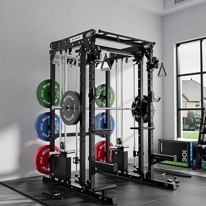 RitFit M2 Smith Machine with with Cable Crossover System, 3D Functional Trainer & Power Cage, 16 Adjustment Holes, 6 Storage Pegs for Full-Body Home Gym
