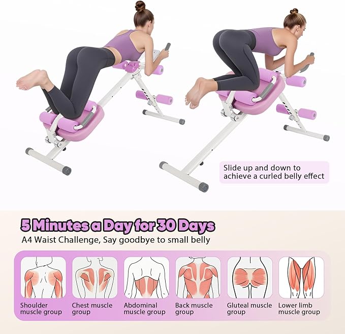 FAHKNS 6 in 1 Adjustable Ab Trainer Machine, Multi-Functional Ab Workout Equipment for Home Gym, Sit Up Exercise and Strength Training (Purple)